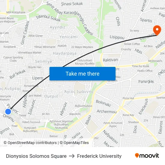 Dionysios Solomos Square to Frederick University map