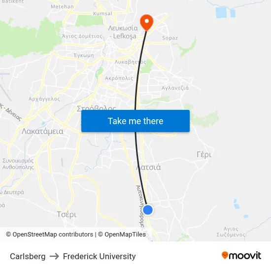 Carlsberg to Frederick University map