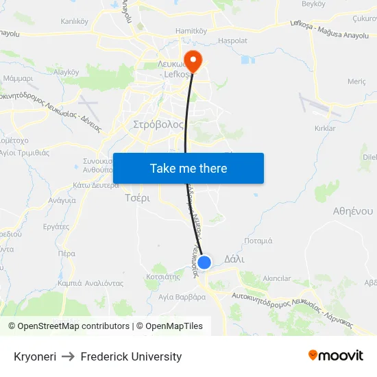 Kryoneri to Frederick University map