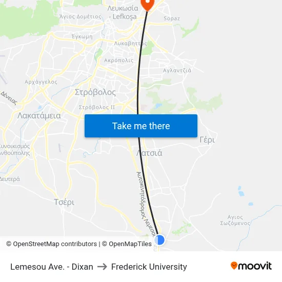 Limassol Ave - Dixan to Frederick University map