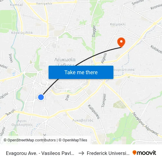 Evagorou Ave. - Vasileos Pavlou to Frederick University map