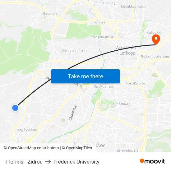 Florinis - Zidrou to Frederick University map
