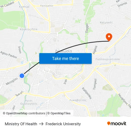 Ministry of Health to Frederick University map