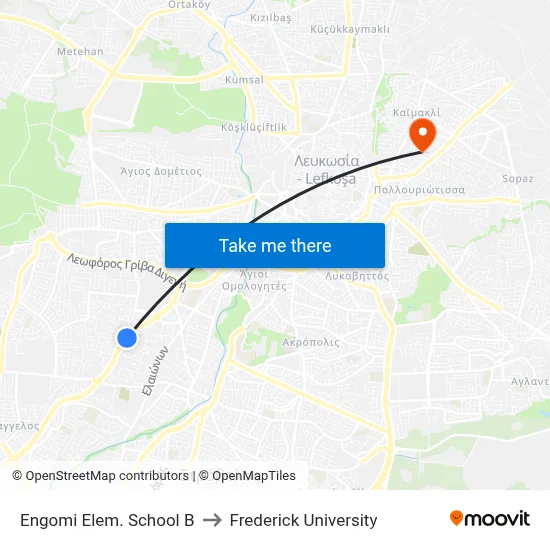 Engomi Elem. School B to Frederick University map
