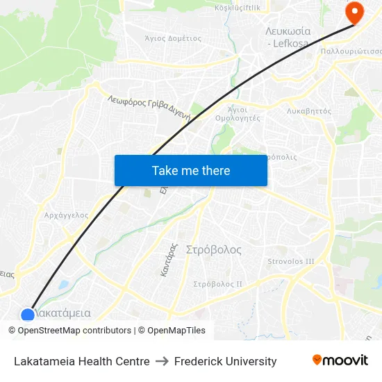 Lakatameia Health Centre to Frederick University map