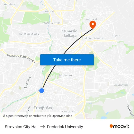 Strovolos City Hall to Frederick University map