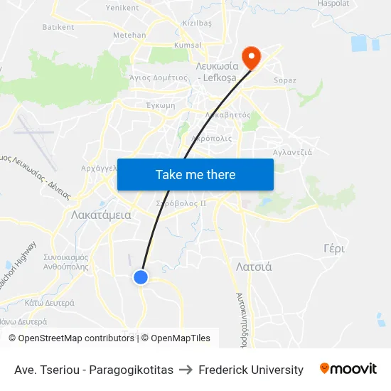 Ave. Tseriou - Paragogikotitas to Frederick University map