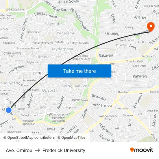Omirou Avenue to Frederick University map