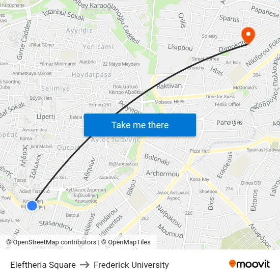 Eleftheria Square to Frederick University map