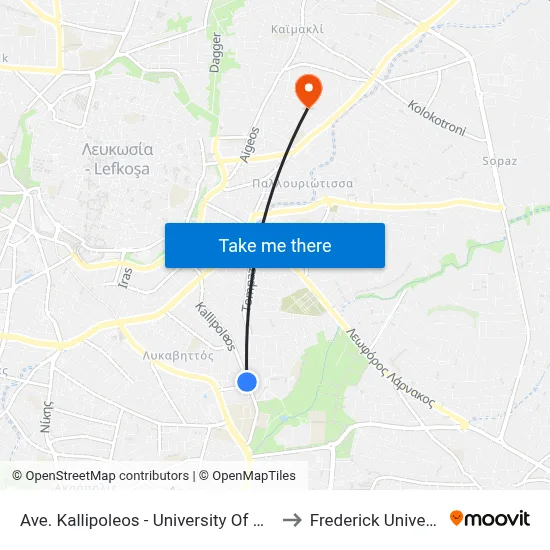 Ave. Kallipoleos - University Of Cyprus to Frederick University map