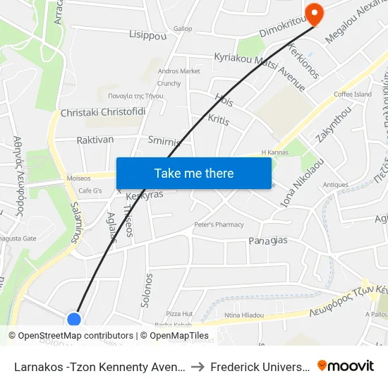 Larnakos - John Kennedy Avenue to Frederick University map