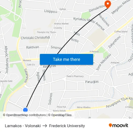 Larnaca - Volonaki to Frederick University map