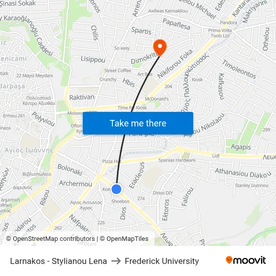 Larnakos - Stylianou Lena to Frederick University map