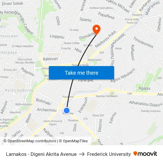 Larnaca - Digeni Akrita Avenue to Frederick University map
