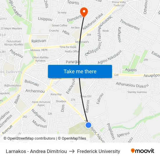 Larnaca - Andreas Dimitriou to Frederick University map