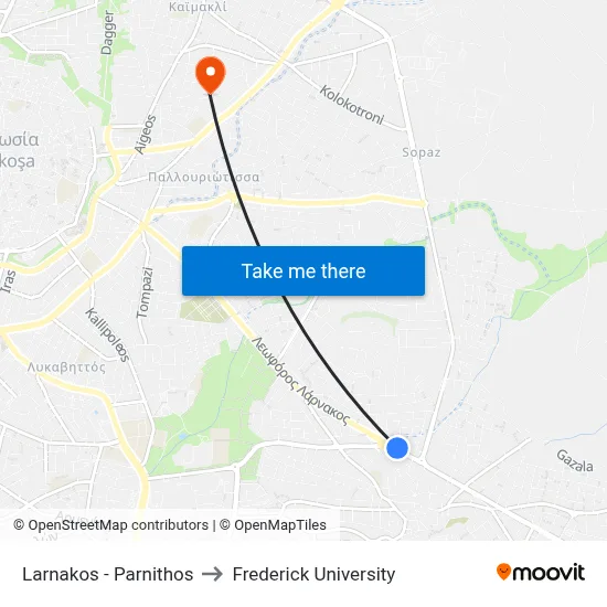 Larnakos - Parnithos to Frederick University map