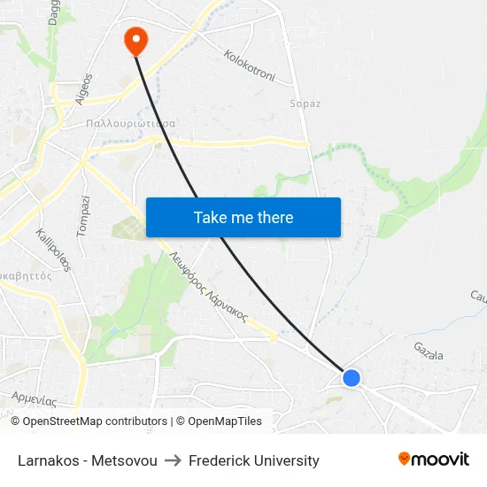 Larnakos - Metsovou to Frederick University map