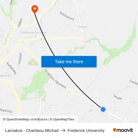 Larnakos - Charilaos Michail to Frederick University map