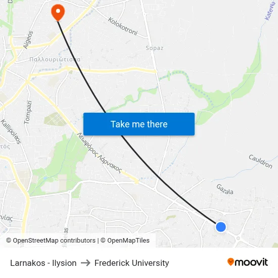 Larnaca - Elysium to Frederick University map