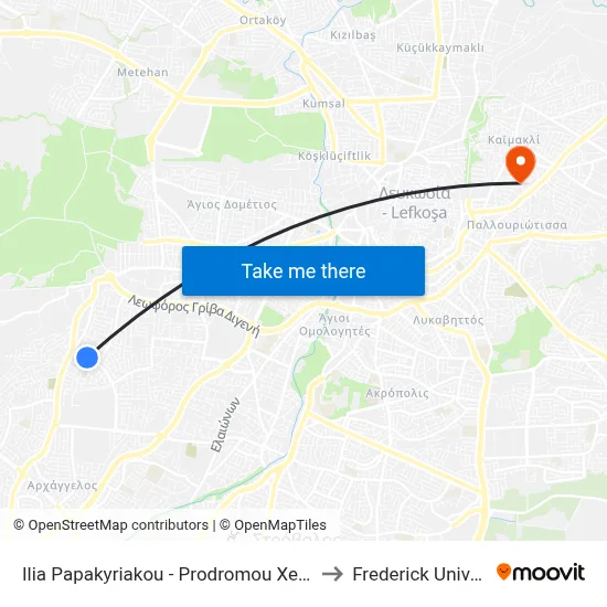 Ilia Papakyriakou - Prodromou Xenofontos to Frederick University map