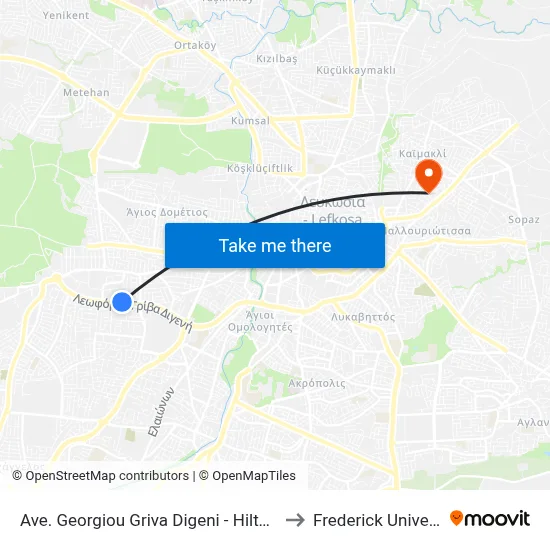Ave. Georgiou Griva Digeni - Hilton Park to Frederick University map