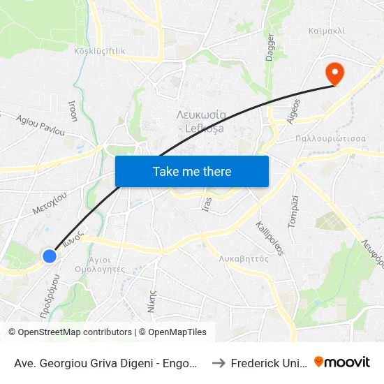 Ave. Georgiou Griva Digeni - Engomi High School to Frederick University map