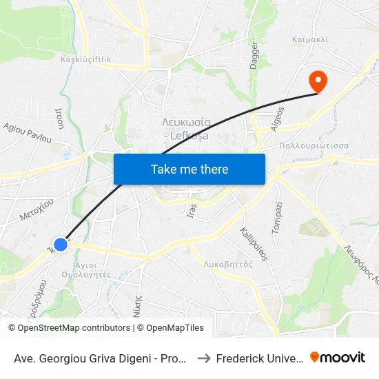 Ave. Georgiou Griva Digeni - Prodromou to Frederick University map