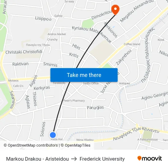 Markou Drakou - Aristeidou to Frederick University map