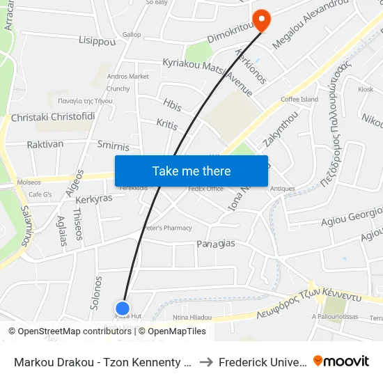 Markou Drakou - John Kennedy Avenue to Frederick University map