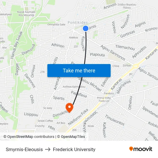 Smyrnis-Eleousis to Frederick University map