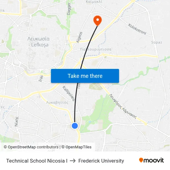 Technical School Nicosia I to Frederick University map