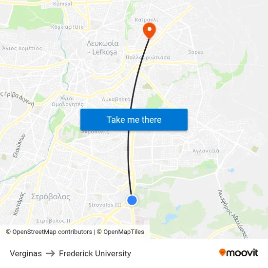 Verginas to Frederick University map