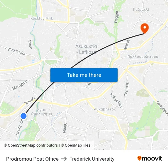 Prodromou Post Office to Frederick University map