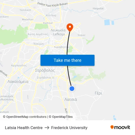 Latsia Health Centre to Frederick University map