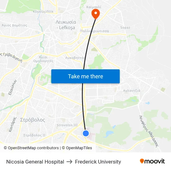 Nicosia General Hospital to Frederick University map