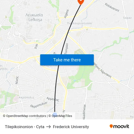 Tilepikoinonion - Cyta to Frederick University map