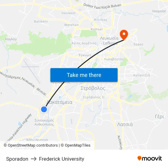 Sporadon to Frederick University map