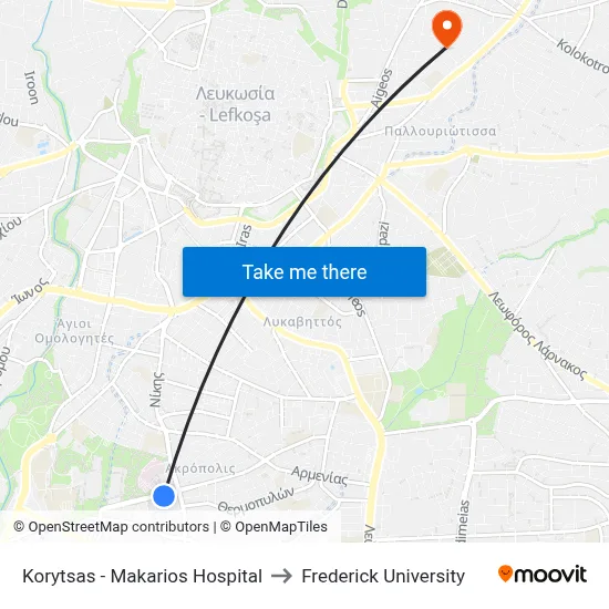 Korytsas - Makarios Hospital to Frederick University map