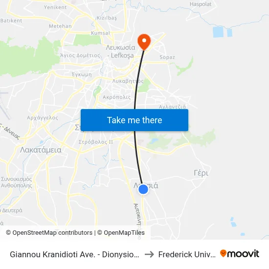 Giannou Kranidioti Ave. - Dionysiou Solomou to Frederick University map
