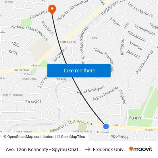 John Kennedy Avenue - Spyrou Chatzigiakoumi to Frederick University map