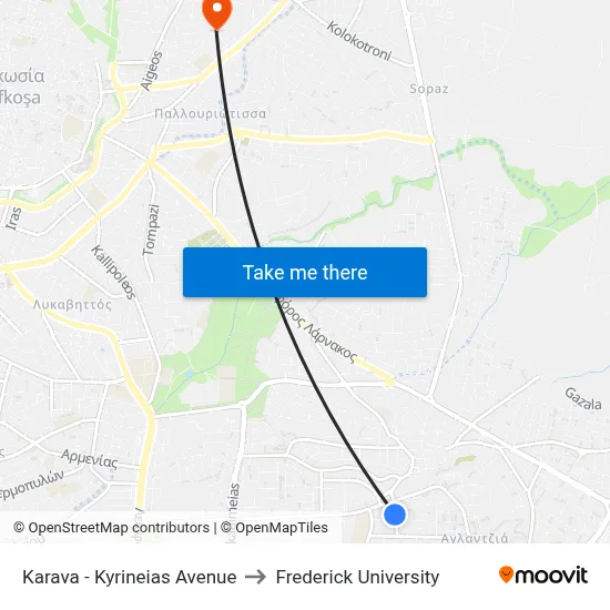 Karava - Kyrineias Avenue to Frederick University map