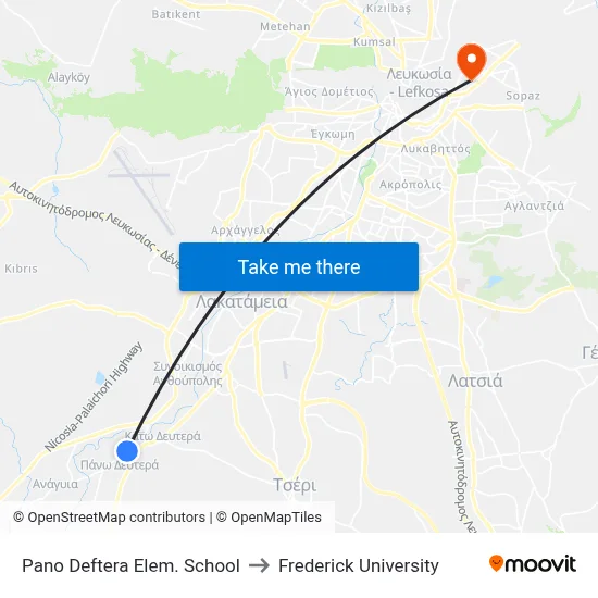 Pano Deftera Elem. School to Frederick University map