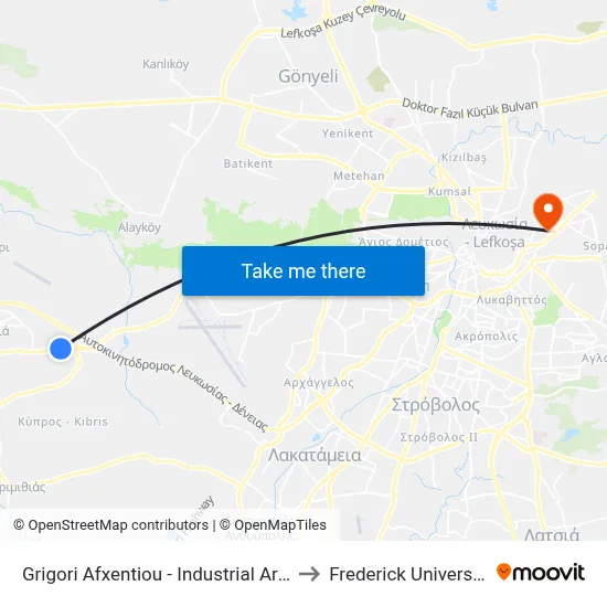 Grigori Afxentiou - Industrial Area to Frederick University map