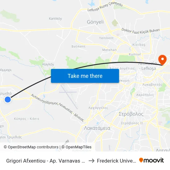Grigori Afxentiou - Ap. Varnavas Church to Frederick University map