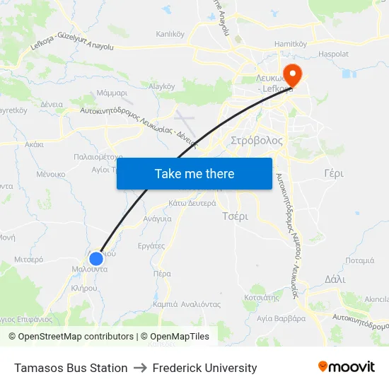 Tamasos Bus Station to Frederick University map