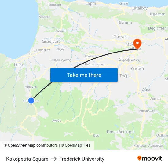 Kakopetria Square to Frederick University map