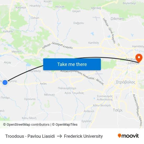 Troodos - Pavlou Liasidi to Frederick University map
