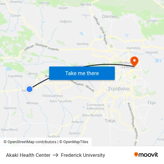 Akaki Health Center to Frederick University map
