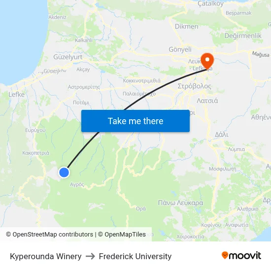 Kyperounda Winery to Frederick University map