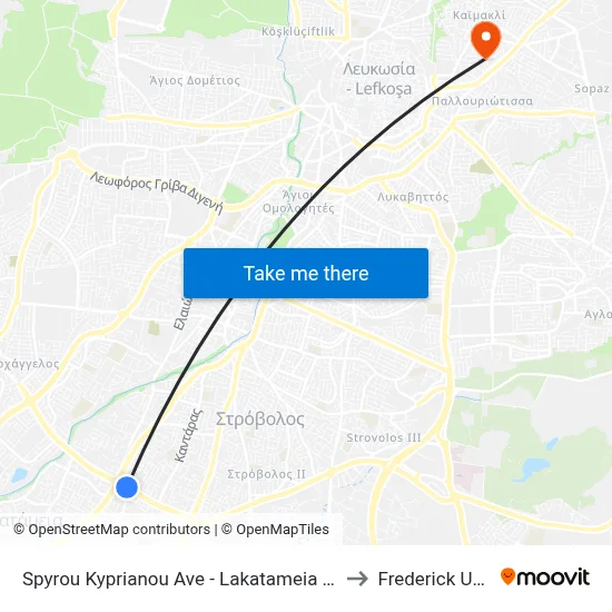 Spyros Kyprianou Avenue - Lakatameia Roundabout Metro to Frederick University map